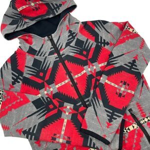 L-RL Lauren Active Ralph Lauren Full Zip Red Gray Aztec Print Hoodie Womens Sz M